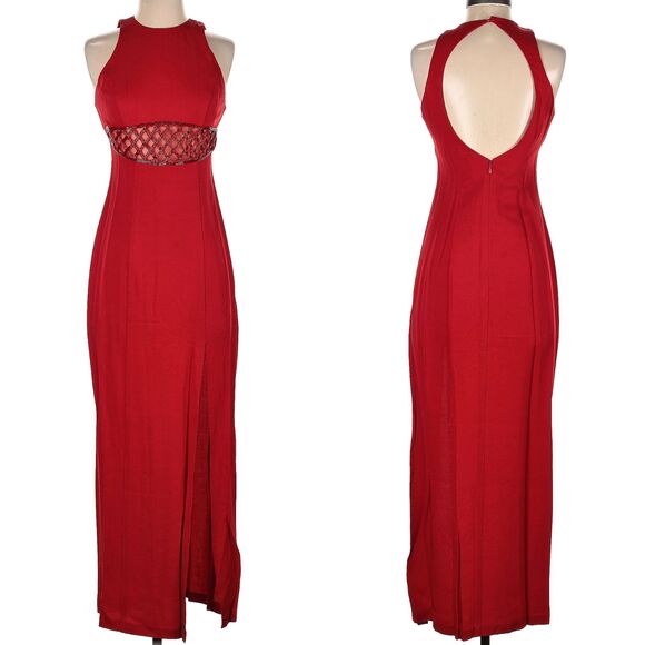 Vintage 1990s Faviana Prom Gown Red Maxi Dress Beaded Siren Pageant Size 3 - Picture 3 of 9